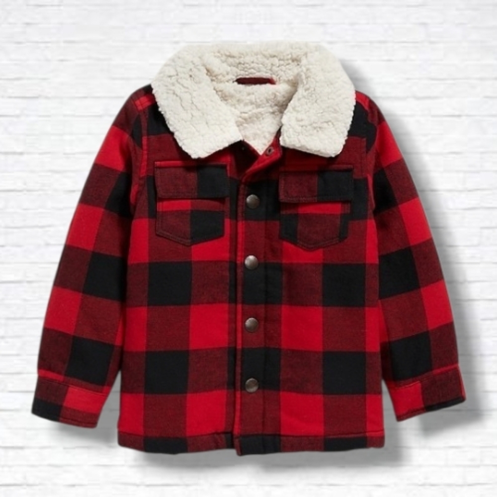 Old Navy Red & Black Buffalo Plaid Sherpa Lined Trucker Jacket Size 3T